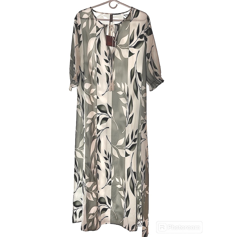 Noracora maxi lightweight dress tassel tie 3/4 sleeves Green hues leaf design.